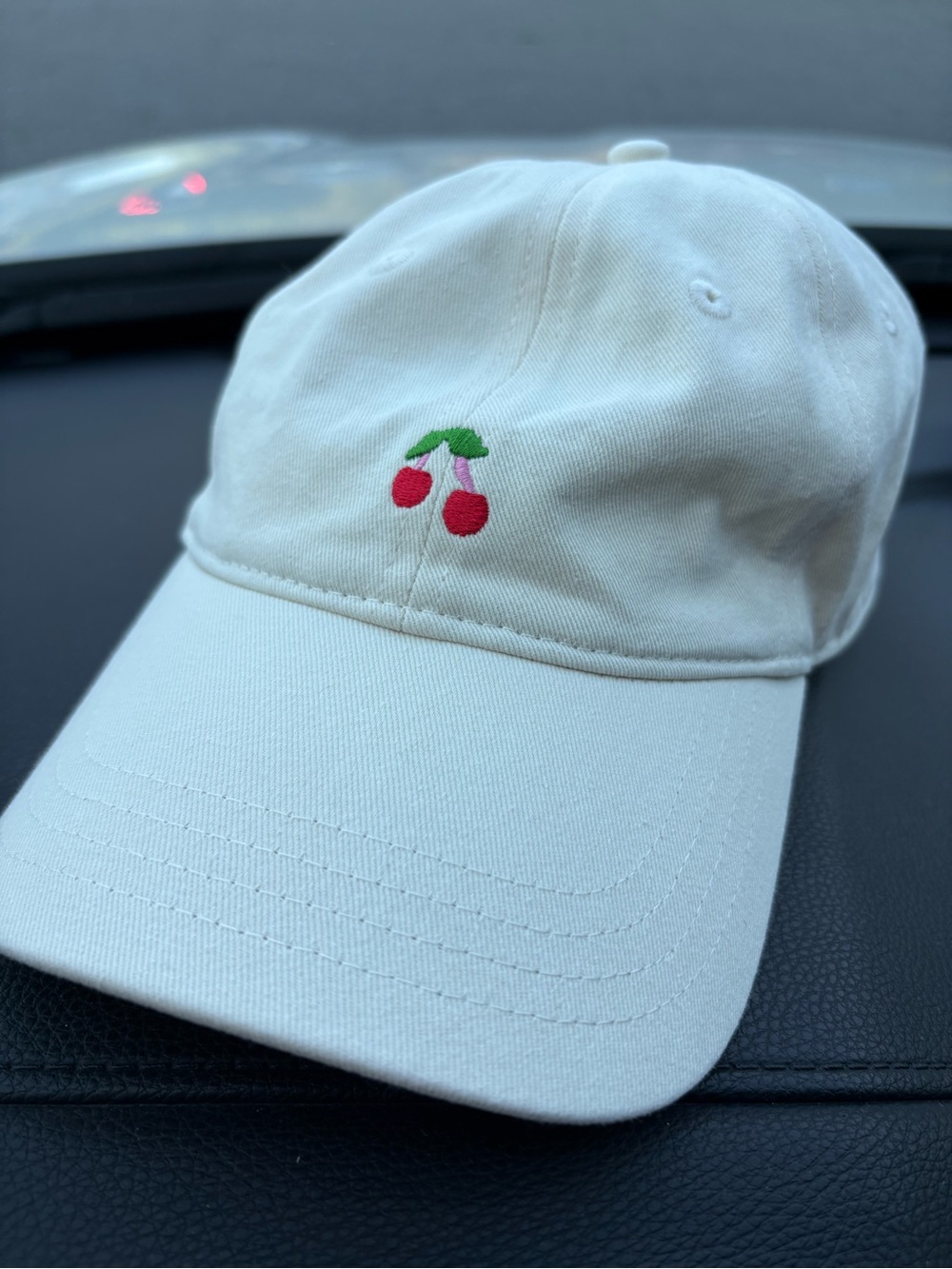 Frasier Sterling Cherry Fruit Embroidered Cream Cotton Baseball Cap Hat